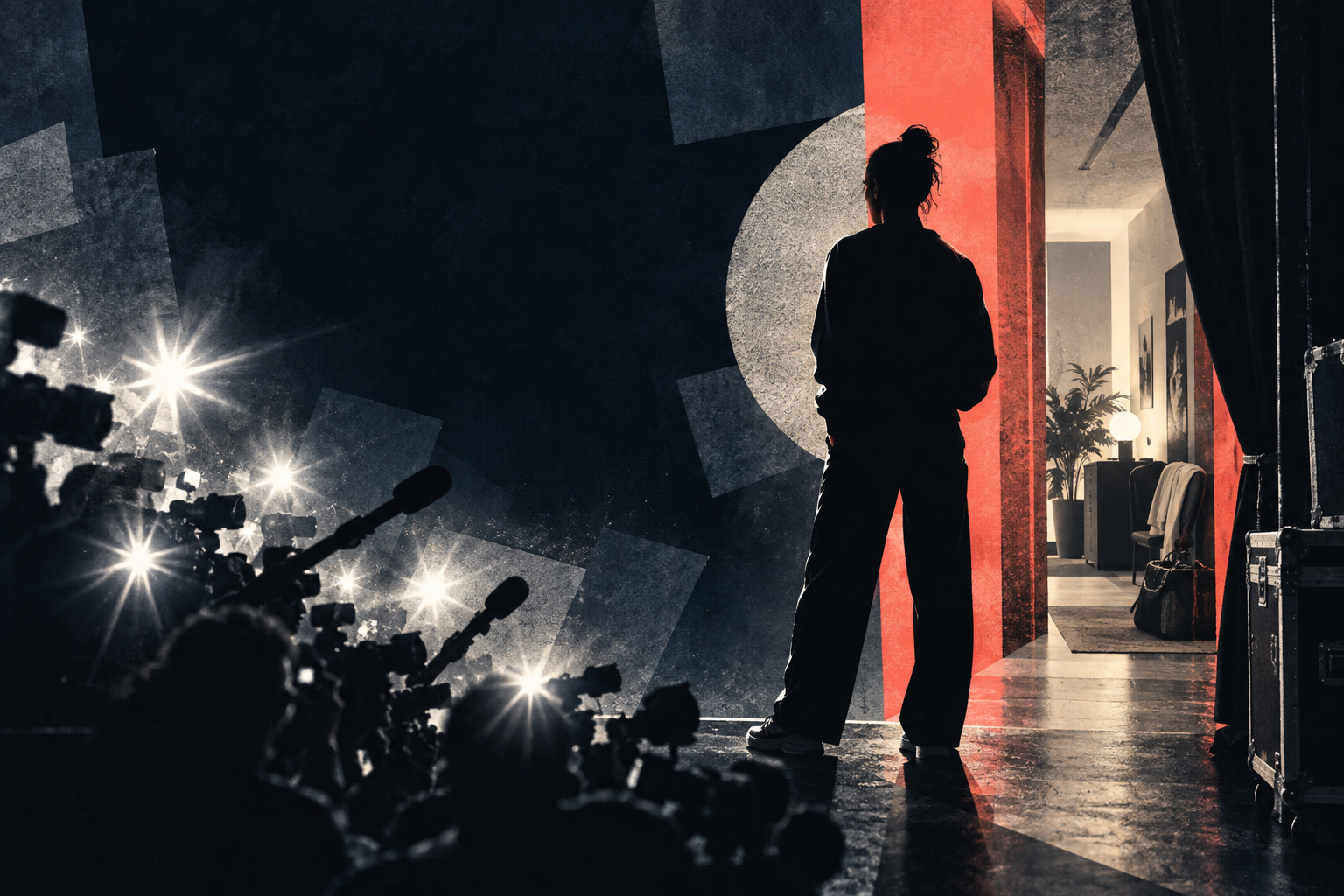 A fictional public figure pauses between camera flashes and a quiet backstage room.